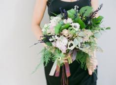 anemone and green bouquet - Green wedding shoes: WINS again! BLACK DRESS DONE RIGHT.