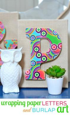 DIY wrapping paper letters and burlap art