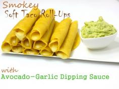 Smokey Soft Taco Roll Ups with Avocado-Garlic Dipping Sauce from NoblePig.com