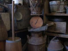 Primitive old wood butter churn, milk can, basket and rusty farm scale. Fun primitives and great country decorating items at Sweet Liberty Homestead!