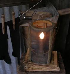 Primitive barn lantern lamp at Sweet Liberty Homestead in great drab mustard milk paint!