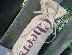 Wine Bag, Natural Jute with Stenciled Greeting, Christmas Gift, Hostess Gift - Set of 4