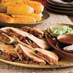HAPPY CINCO DE MAYO RECIPES ... Barbecued Pork Quesadillas Recipes ~ INGREDIENTS: Chopped barbecued pork  - Barbecue sauce  - Fresh cilantro  - Green onions - Fajita-size flour tortillas  - Shredded Mexican four-cheese blend ~ Toppings: Sour cream, Green onions, Barbecue sauce