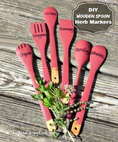 DIY Wooden Spoon Herb Plant Markers - simple and inexpensive to make.  See the project thegardeningcook....