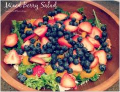 MIXED BERRY SALAD - Spring salad mix loaded with fruit, candied walnuts, cheese (feta, gorgonzola or blue), dressed with a blush wine vinaigrette. Top with grilled chicken for a meal! Delicious! |  SweetLittleBluebi...