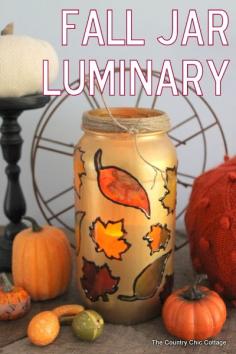 Fall Jar Luminary -- turn a mason jar or old pickle jar into a great fall jar luminary for your home decor.  Some glass paints and masking i...