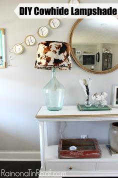 Make this one for $15 instead of buying the one from Pottery Barn for $100. DIY Cowhide Lampshade via RainonaTinRoof.com #OnlineFabricStore #cowhide #knockoff #diy