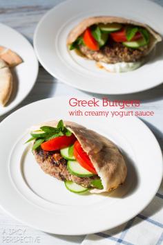 Greek Hamburger Recipe on ASpicyPerspective... #burgers #summer #greek