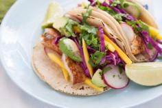 Chili-Dusted Fish Tacos  with Pickled Red Cabbage, Mango & Avocado