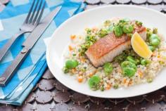 Pan-Seared Salmon over Whole Wheat Israeli Couscous with Fava Bean-Olive Relish