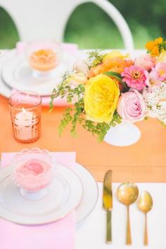 Pink, orange and yellow place setting. Hello, color! Photography: Paper Antler - paperantler.com  Read More: www.stylemepretty...