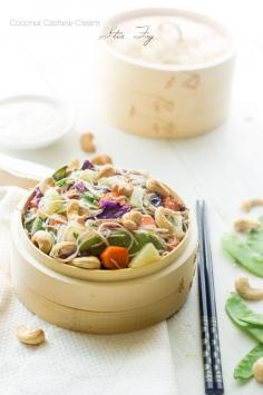 Honey Ginger Cashew Cream Stir Fry - Noodles, crunchy cashews and sweet honey ginger pineapples, this healthy meal has it all! And it's quic...