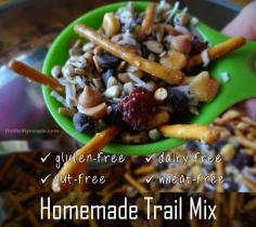 Easy and Frugal: Homemade trail mix recipe that is also allergy friendly. Replace store bought products and trail mix with this yummy DIY trail mix version.  Plus it is a snack and foods that are allergy friendly.  Gluten-free, peanut-free, tree nut-free, egg-free, wheat free and dairy-free recipe.