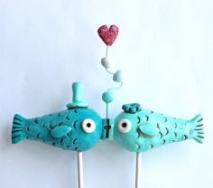 Aqua and Teal Kissing Fish wedding cake by cortneyrectorwedding, $65.00