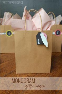 Easy monogrammed gift bags! I love this idea for knowing whose gifts are whose under the christmas tree without having to tag them all!
