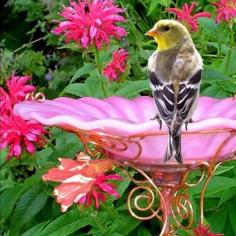 GARDEN BIRD BATH, stained glass, copper, pink,