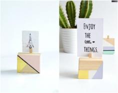 geometric picture holders / wood diy / photos diy idea / crat idea / paint idea / clothes pins diy / desk organizer / pastel colors