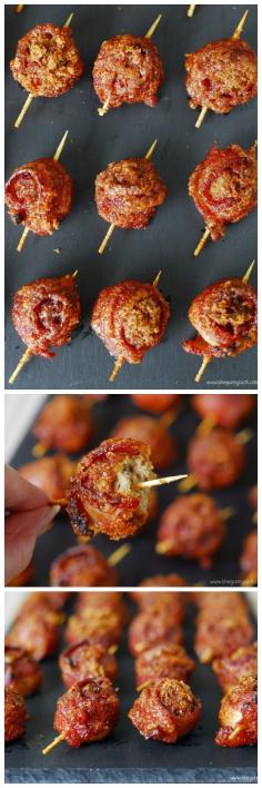 Sweet and Spicy Bacon Wrapped Meatballs are a bite sized appetizer recipe that everyone will love!