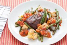 Hanger Steaks & Roasted Potatoes with Sautéed Long Beans & Tomato