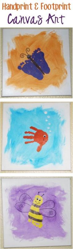 How to Make Handprint {and Footprint} Canvas Art! ~ at TheFrugalGirls.com ~ SO many fun ideas for handprints and footprints. This craft would make such fun homemade gifts from the kids, too! #thefrugalgirls