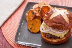 Short Rib Burgers on Pretzel Buns with Hoppy Cheddar Sauce & Roasted Sweet Potato Rounds