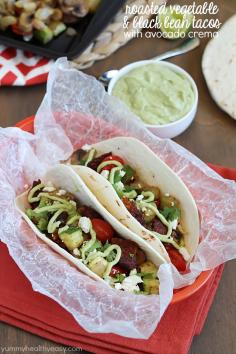 Roasted Vegetable & Black Bean Tacos served with Avocado Crema. Healthy, meatless and delicious! PLUS $100 Giveaway! #ad #morningstarfarms