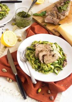 Pistachio Pesto Zucchini Noodles With Roasted Pork Tenderloin - A dinner that looks fancy, but is SO quick, easy and healthy! | Foodfaithfitness.com | #zucchininoodles #pesto #recipe