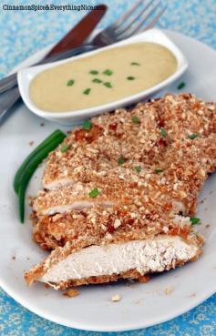 Pretzel crusted chicken breasts with a sweet and tangy honey mustard sauce.
