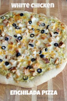 White Chicken Enchilada Pizza-All the flavor of White Chicken Enchiladas but in pizza form!  What’s not to love!