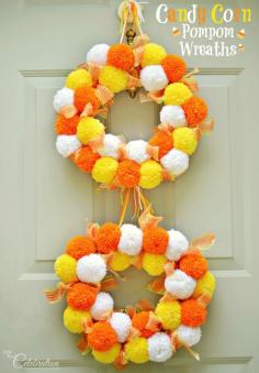 Bright, fluffy and Halloween-happy, Candy Corn Pompom Wreaths are candy-inspired holiday decor for doors or windows! At littlemisscelebra...  #crafts #halloween