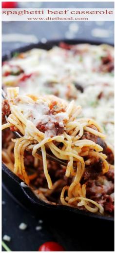 Spaghetti Beef Casserole Recipe | www.diethood.com | Layered spaghetti casserole dinner, combined with a saucy beef mixture cooked in butter olive oil, and topped with shredded parmesan and mozzarella cheese. | #recipe #casserole
