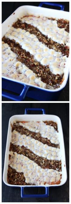 This crowd-pleasing #SweetPotato #casserole has both a #pecan topping and a #marshmallow topping for the best of both worlds!