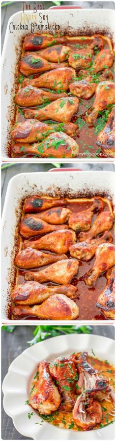 Honey Soy Chicken Drumsticks – oven baked chicken in an amazing honey, soy and garlic sauce. Tender, meat falls off the bone, delicious chicken!