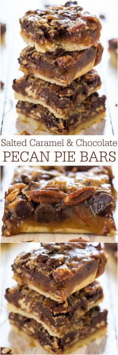 Salted Caramel and Chocolate Pecan Pie Bars - You'll never want plain pecan pie again! Caramel and chocolate makes the bars taste amazing!