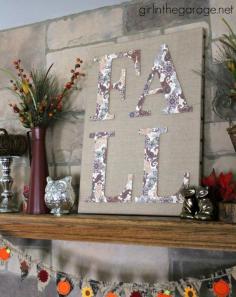 DIY Fall Burlap Art with Decoupage Letters and Decorated Mantel {Fall Home Decor Tour}