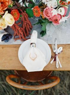 Rustic wooden table layered with fall accents. Photography: O'Malley Photographers - omalleyphotograph...  View entire slideshow: Fall Wedding Inspiration on www.stylemepretty...