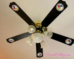 Took our old ceiling fan and painted Pittsburgh Steelers logo on it for my husbands Tv Room.  Check it out www.Concordcottag... #Football #Steelers