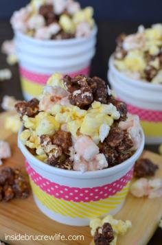 Banana Split Popcorn - chocolate, strawberry, and banana flavored popcorn in one fun to eat snack mix