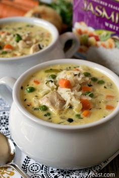 Creamy Chicken and Rice Soup - Cooks up in minutes - perfect for a busy weeknight dinner!