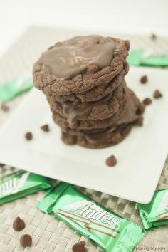 The cookies are delicious and you can serve them warm or cold! Make these Andes Mint Chocolate Cookies for your next dessert recipe! KristenDuke.com