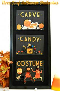 Halloween goes vertical! Celebrate the Three C's of Halloween-carve, candy & costume - in this fun and adorable shadowbox wall art. From littlemisscelebra...
