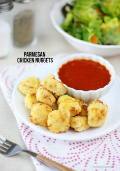 Savory and impossibly easy Parmesan Chicken Nuggets.  Recipe at livelaughrowe.com #bisquick #chickennuggets
