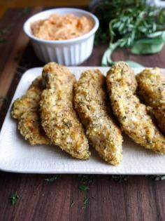 Grown Up Chicken Fingers with Spicy Sun Dried Tomato Dipping Sauce