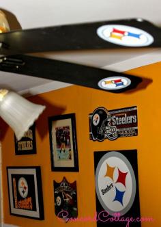 Art made from T-shirts and hand painted Ceiling fan in my hubs Pittsburgh Steelers Family Room.  Even if it's not your team there are lots of great ideas. www.Concordcottag... #Football #Steelers