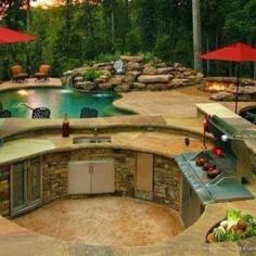 Love the circular BBQ, Outdoor kitchen and the built in fire pit. Dream Backyard