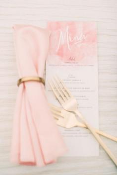Watercolor menu with gold flatware. Photography: Ruth Eileen - rutheileenphotogr...  Read More: www.stylemepretty...