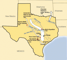 forts | Map of Linnville Raid and sites of battles between Comanches and ...