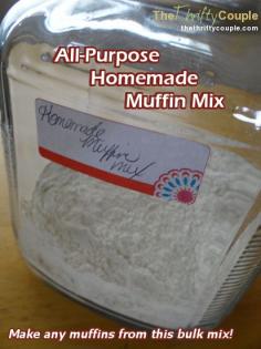 All Purpose Homemade Muffin Mix: Replace all store bought muffin mixes in the pouches or boxes and save money! Replace the grocery store with recipes like this to drop your grocery budget, save health by controlling ingredients and make life easier with pre-made mixes too!