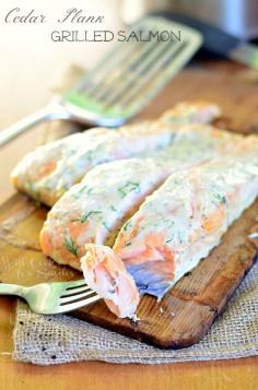 Amazing Cedar Plank Salmon smothered in creamy lemon dill sauce for you to grill this summer! | willcookforsmiles...