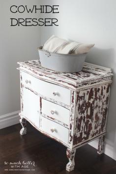 Cowhide dresser |somuchbetterwithage.com #chalkpaint #distressed #chippy #furniture